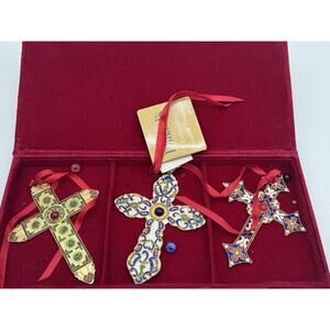 Set 3 Dillards Cloisonné Crosses Ornament Hangers In Velvet Box 5”x3.7”